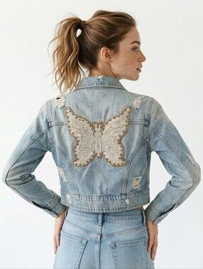 Squeeze Vintage Distressed Cropped Butterfly Beaded Denim Jacket - NWT